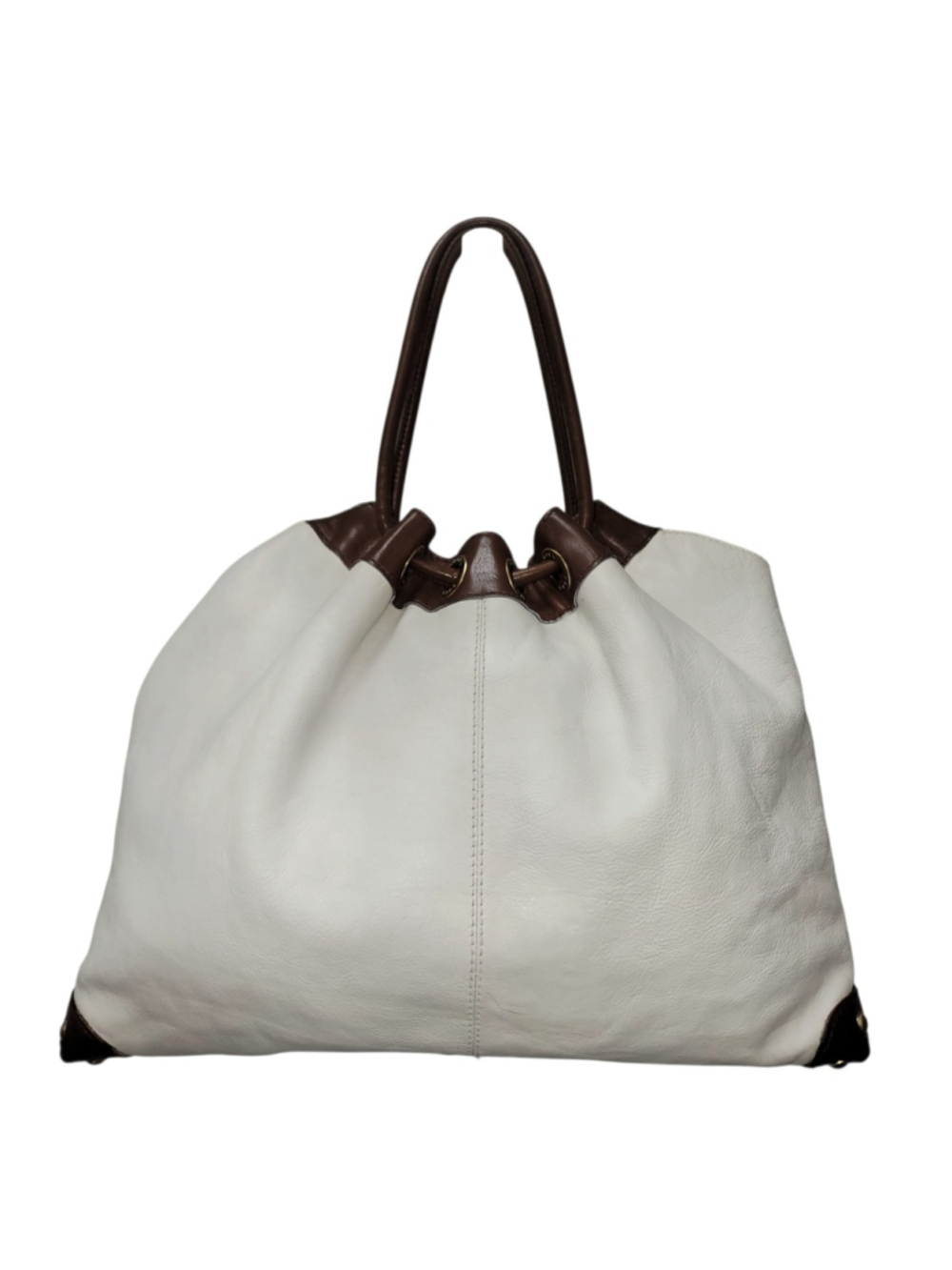 Michael Kors Astor Ring Brown/White Pebbled Leather Studded Tote Shoulder Bag